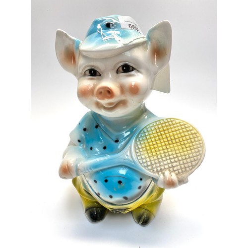 660 - Large vintage ceramic Tennis player money box pig.