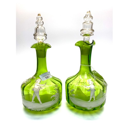 661 - Pair of victorian Mary Gregory decanters.