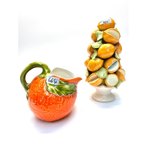 664 - Two italian ceramic pieces including majolica lemon tree (damaged) and orange shaped vintage pitcher... 