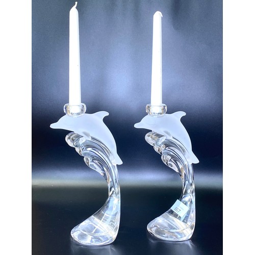 667 - Beautiful pair of cut glass dolphin candlestick holders.