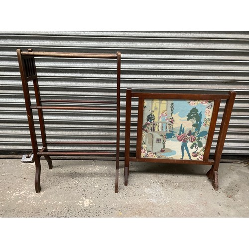 212 - Vintage Fire screen with tapestry design and towel rack.