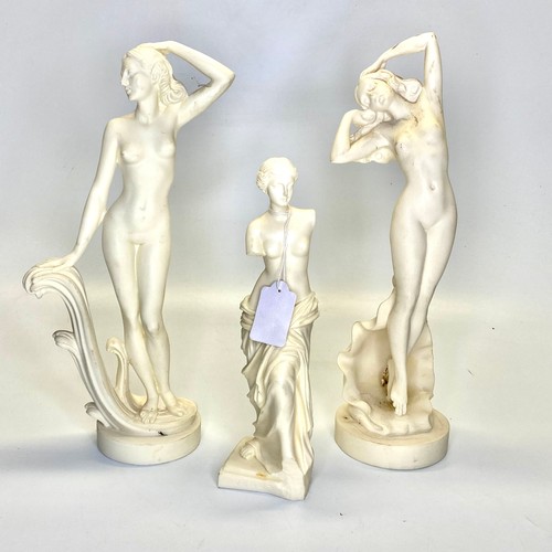 490 - Venus De Milo and two female resin statuettes . Largest : 30cm tall.