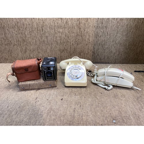 1211 - Six -20 'Brownie' D Kodak camera and two vintage telephones.