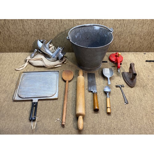 251 - Metal bucket filled with vintage kitchen equipment.