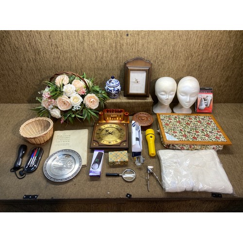 265 - Decorative household items including floral serving tray, polystyrene hat displaying mannequin heads... 