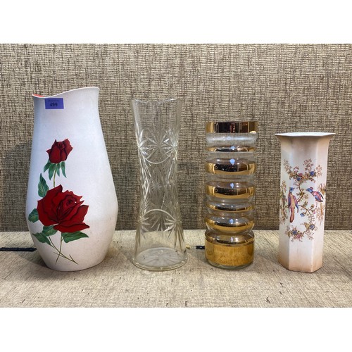 499 - Collection of ceramic and glass pieces including Brent leigh ware ceramic vase with hand painted ros... 