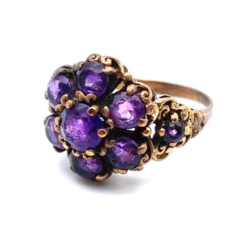 887 - Early yellow metal ring (tested as gold) with Amethyst stones, Size O, 5.1g. MYOMU.