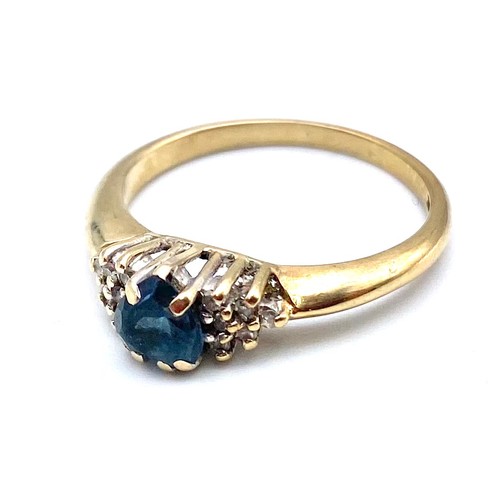 888 - 9ct gold ring with aquamarine stone and diamonds to the shoulders. Size L, 2g.