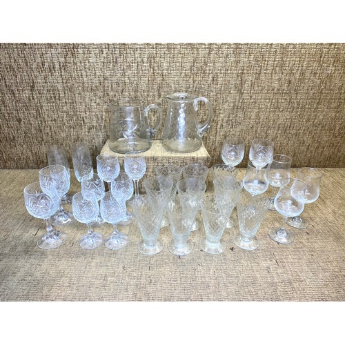 272 - Glass frosted drinks glasses and jug, Irish coffee and cut crystal.