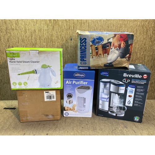 322 - Collection of boxed electricals including a Breville hot water dispenser and a silent night air puri... 