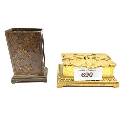 690 - Vintage brass stamp box and ornate matchbox holder.