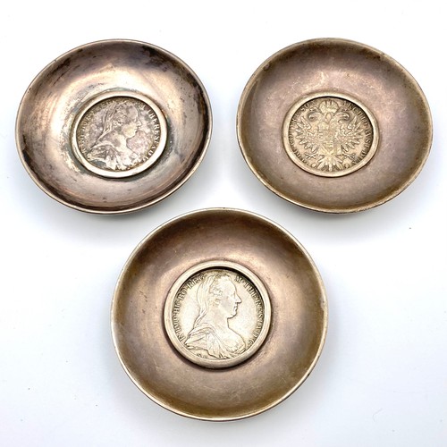 914 - Three 1780 M Theresia D.G. Austrian Silver Coins, mounted at the base and used as an ashtray, tested... 
