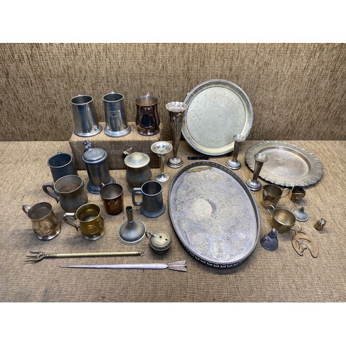 1283 - Collection of Silver plated and pewter items including serving trays, vases and tankards.