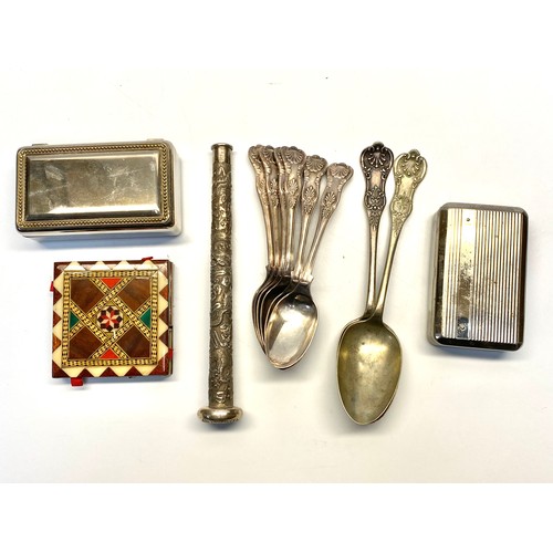 1284 - Selection of curiosities including Mapping and Webb spoons, Tobacco tins and a Mappin and Webb lette... 