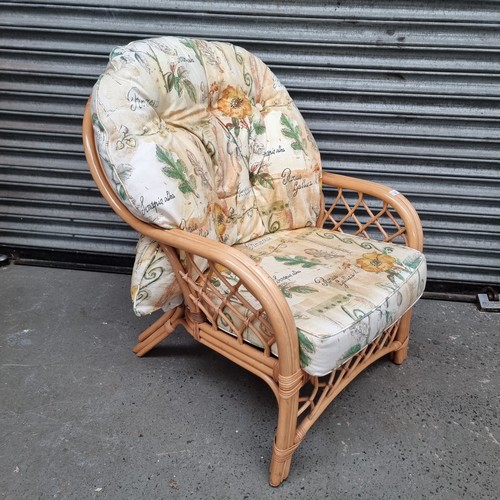 22 - Bent Wood bamboo and Wicker conservatory chair with a Spanish themed upholstery cushion.