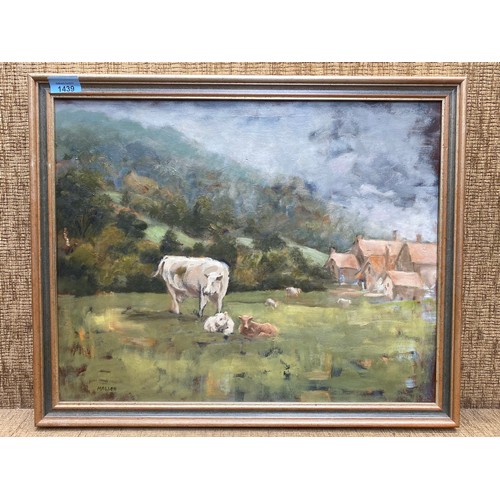 1439 - Framed painting by Welsh artist Kath Mallon / Nee Monnelly  of cows and calfs in a field. 56cm x 46c... 