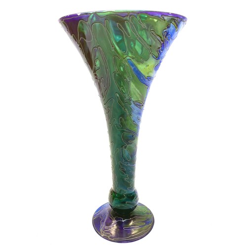 1457 - Medium aurora blue glass unlead vase with slight chip (34cm tall ) and cherub style Tiffaney style l... 