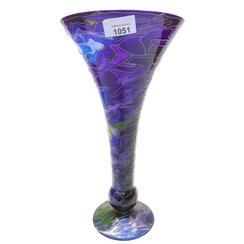 1457 - Medium aurora blue glass unlead vase with slight chip (34cm tall ) and cherub style Tiffaney style l... 