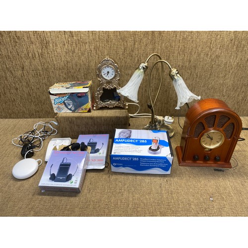 79 - Mixed electrical items including a vintage clock radio, two walkmans and table lamp.