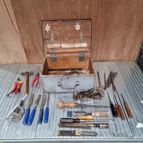 93 - Vintage wooden tool box with vintage tools including screws drivers and chisels.