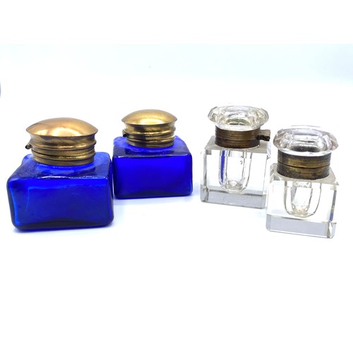 1060 - Two pairs of vintage inkwells, Crystal, Blue glass and brass tops.
