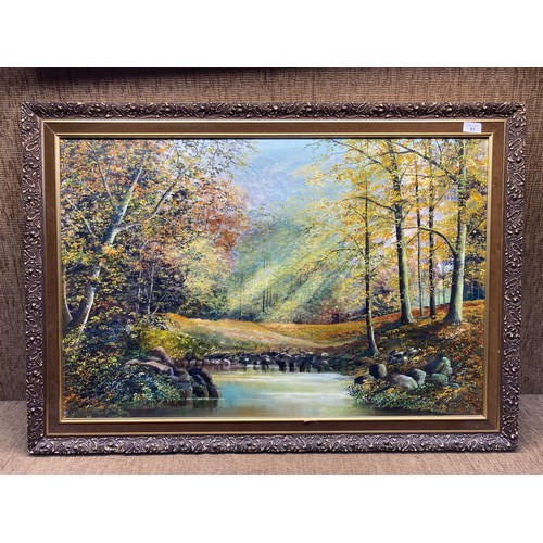91 - Original oil painting by Felicity Joan Edwards titled ‘Welsh river scene’ in a gold coloured frame 1... 