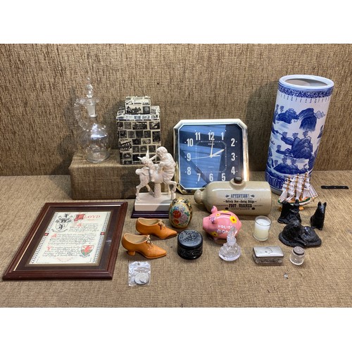 124 - Mixed collectable items including Chinese ceramic umbrella stand and a stoneware hot water bottle.