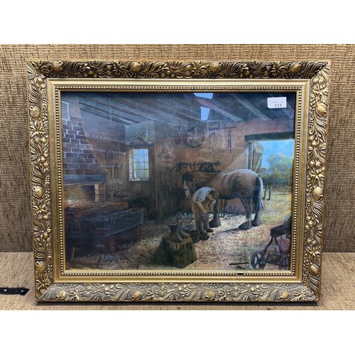 131 - Print of a blacksmith and horse in a gold guilted frame 60cm x 50cm.