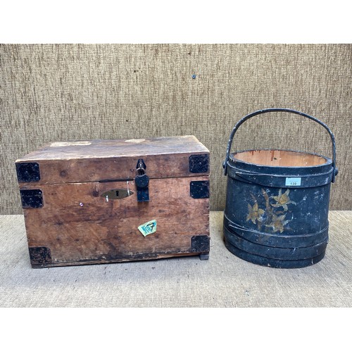 139 - Vintage wooden chest and wooden planter bucket with floral decoration in the style of barge ware.