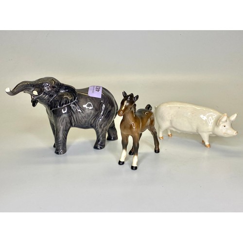 483 - Three Beswick animal figures including pig ( chip to the ear) , elephant ( missing tusk ) and horse ... 