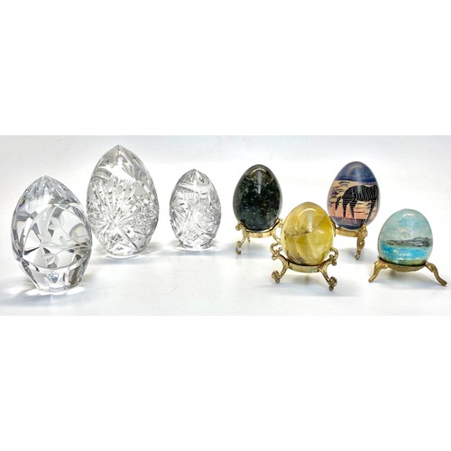 1077 - Collection of crystal and marble Faberge style eggs.