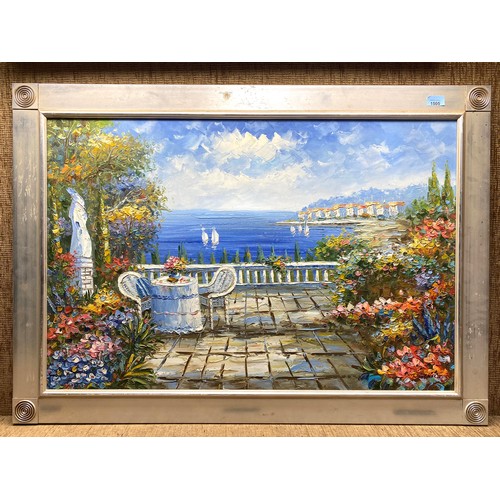 1505 - Oil on canvas painting of an Italian terrace scene signed Rossinie 106cm x 76cm.