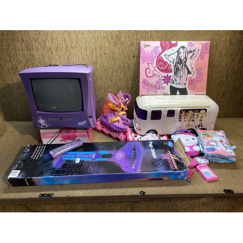 155 - Collection of Bratz and Hannah Montana toys and a 14 inch portable TV with remote.