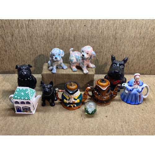 168 - Selection of character teapots and ceramic dog figures including Price Kensington.