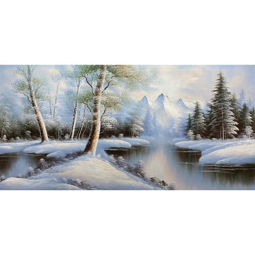 1521 - Large Oil on canvas oil painting of a winters scene in a gold guilted frame by Roger Brown 24