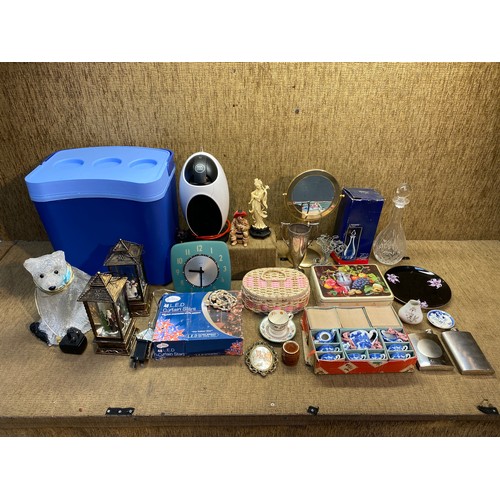 519 - Mixed items including a vintage cooling box, Smiths clock and some Christmas decorations.