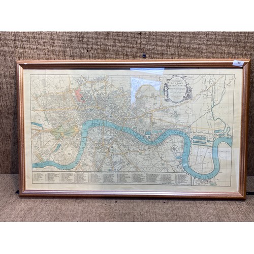189 - Vintage London and Westminster Table of reference framed map 91cm x 53cm.