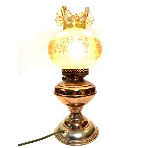 521 - Copper oil lamp with glass shade converted to electric.