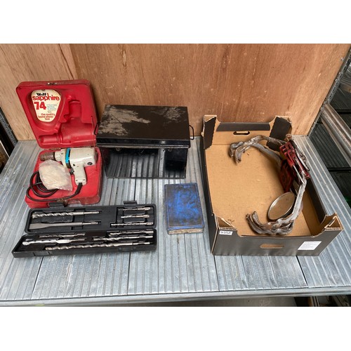 455E - Box of tools and fixings including metal tool box and JCB drill bit set.