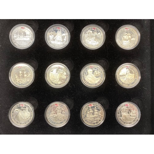 1277 - 12 Five pound, Silver coins in a wooden presentation case. Elizabeth II Bailiwick of Jersey History ... 