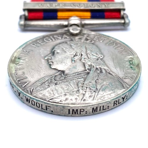 1281 - Queens South Africa Medal awarded to Mr V Woolf Imperial military railways. Cape Colony clasp.