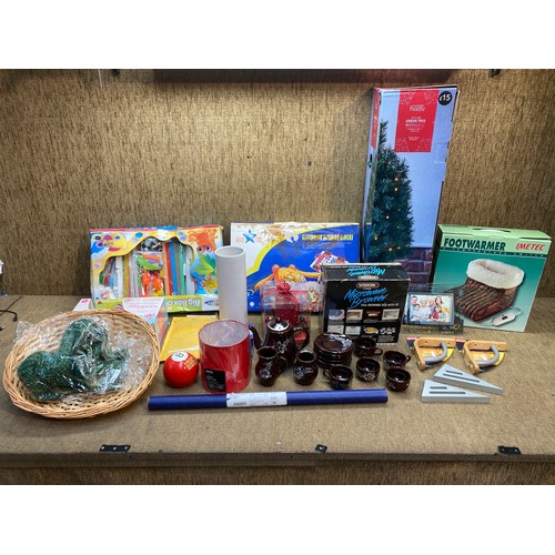 297 - Mixed household items including a 3ft Christmas tree, Electric foot warmer , a Browning dish with li... 