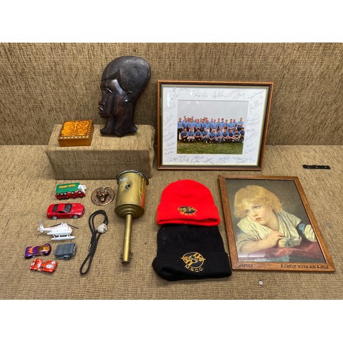 548 - Mixed items including a signed Glamorgan framed picture and a vintage brass Spit.