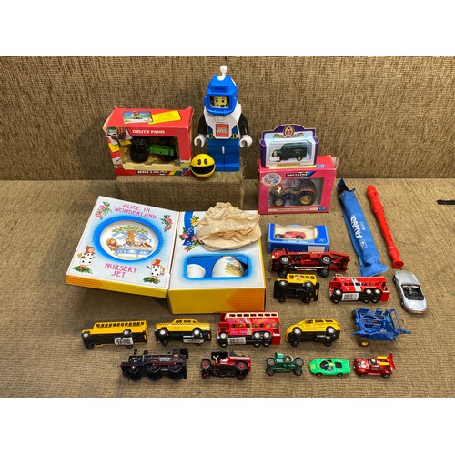 753 - Diecast cars including Britains Boxed tractors and a boxed Alice in wonderland nursery set by Johnso... 