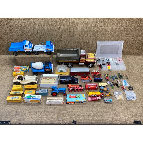 755 - Mixed vintage Diecast, tin, plastic cars trucks, and accessories including Crescent Toy company, Gam... 