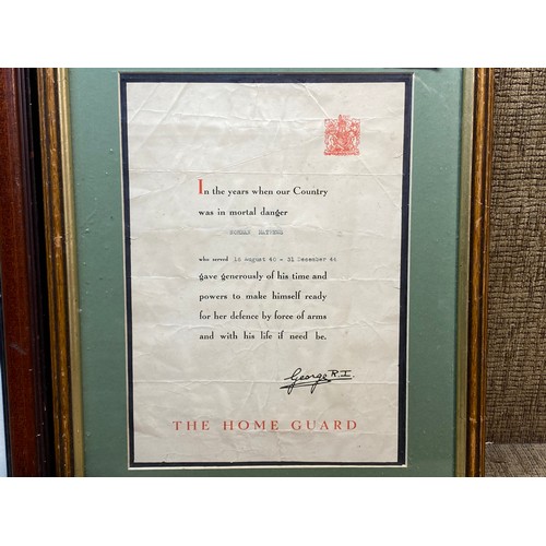 1050 - Framed Honourably discharged certificate and Home guard certificate issued to 'George R J' 1919.