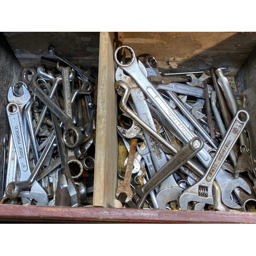 28 - Wooden tool box filled with various spanner’s including ETC - industrial and Drop forged . Also a se... 