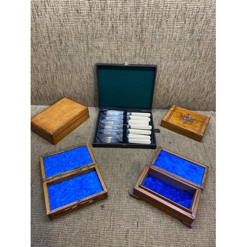 1071 - Four vintage wooden jewellery boxes one with Marketry inlay and a boxed set of EPNS cutlery.