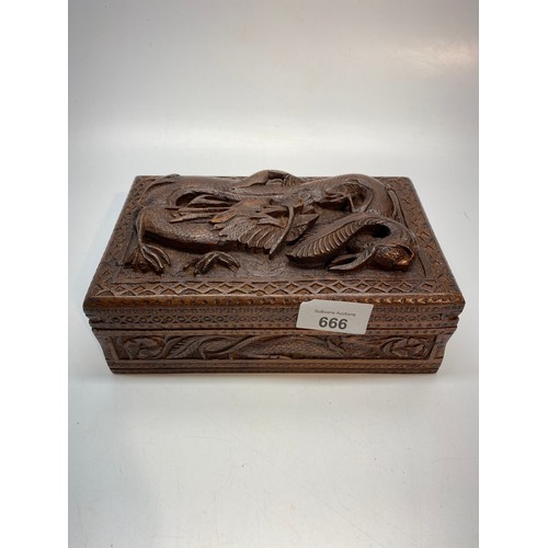 666 - Antique Chinese carved wooden jewellery box with a velvet lining.