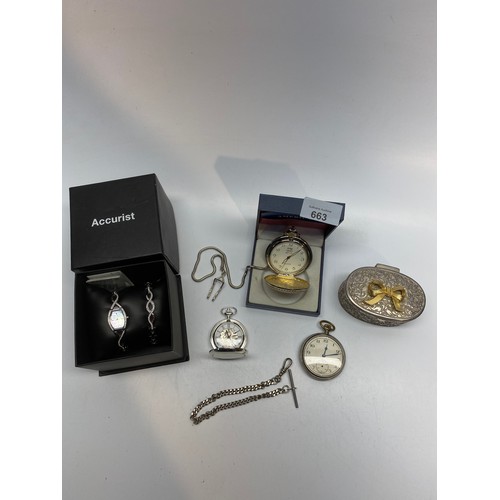 663 - Three pocket watches,accurist watch and bracelet set and a white metal lined trinket box